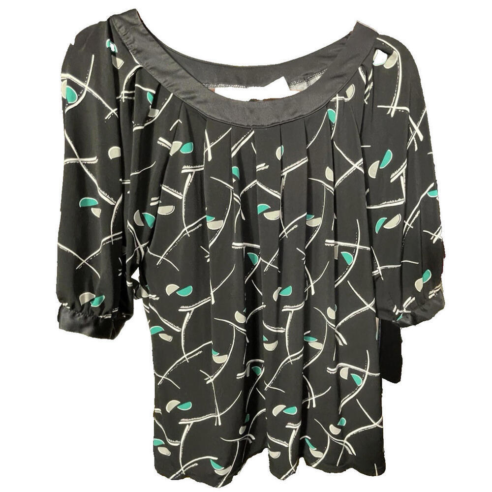 Worthington Stretch Women's Black Geo Print Short Sleeve Round Neck Top Sz M